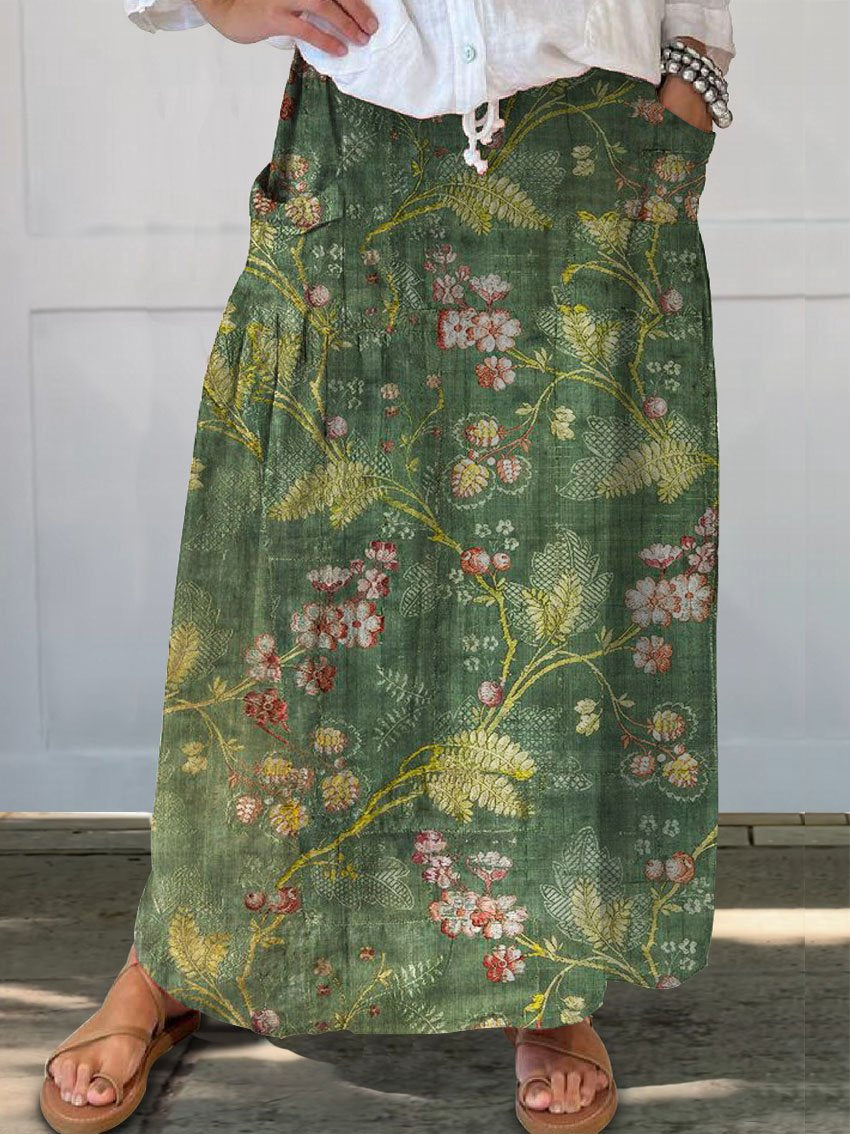 Women's Retro Floral Art Casual Linen Pocket Skirt