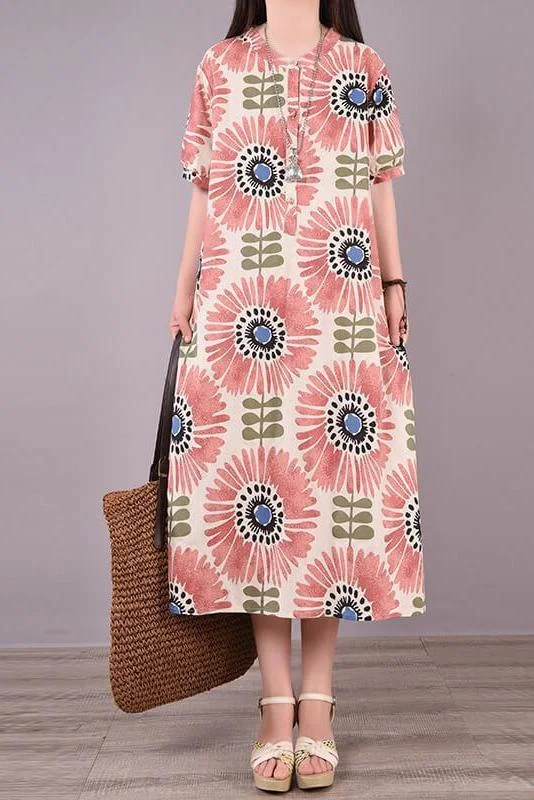 Cotton 2022 Casual Floral Pocket Short Sleeve Dress