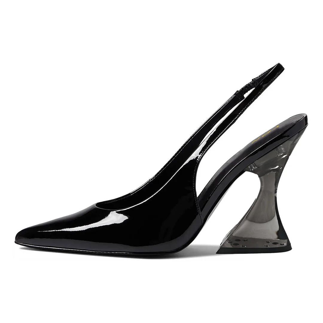 Patent Leather Pointed Toe Slingback Flared Heel Black Pumps for Women