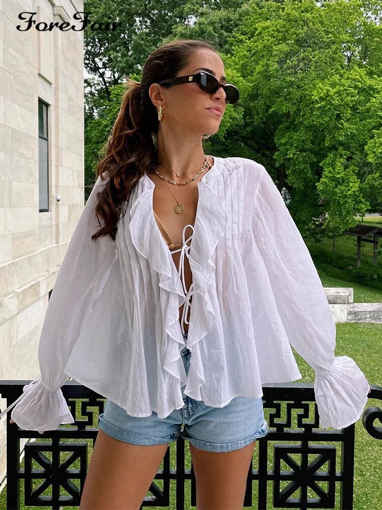 Uveng Ruffles Tie Up Blouse Shirts Women V Neck White 2025 Summer Elegant Long Sleeve Top Shirt Casual Sexy Fashion Vintage 413-0