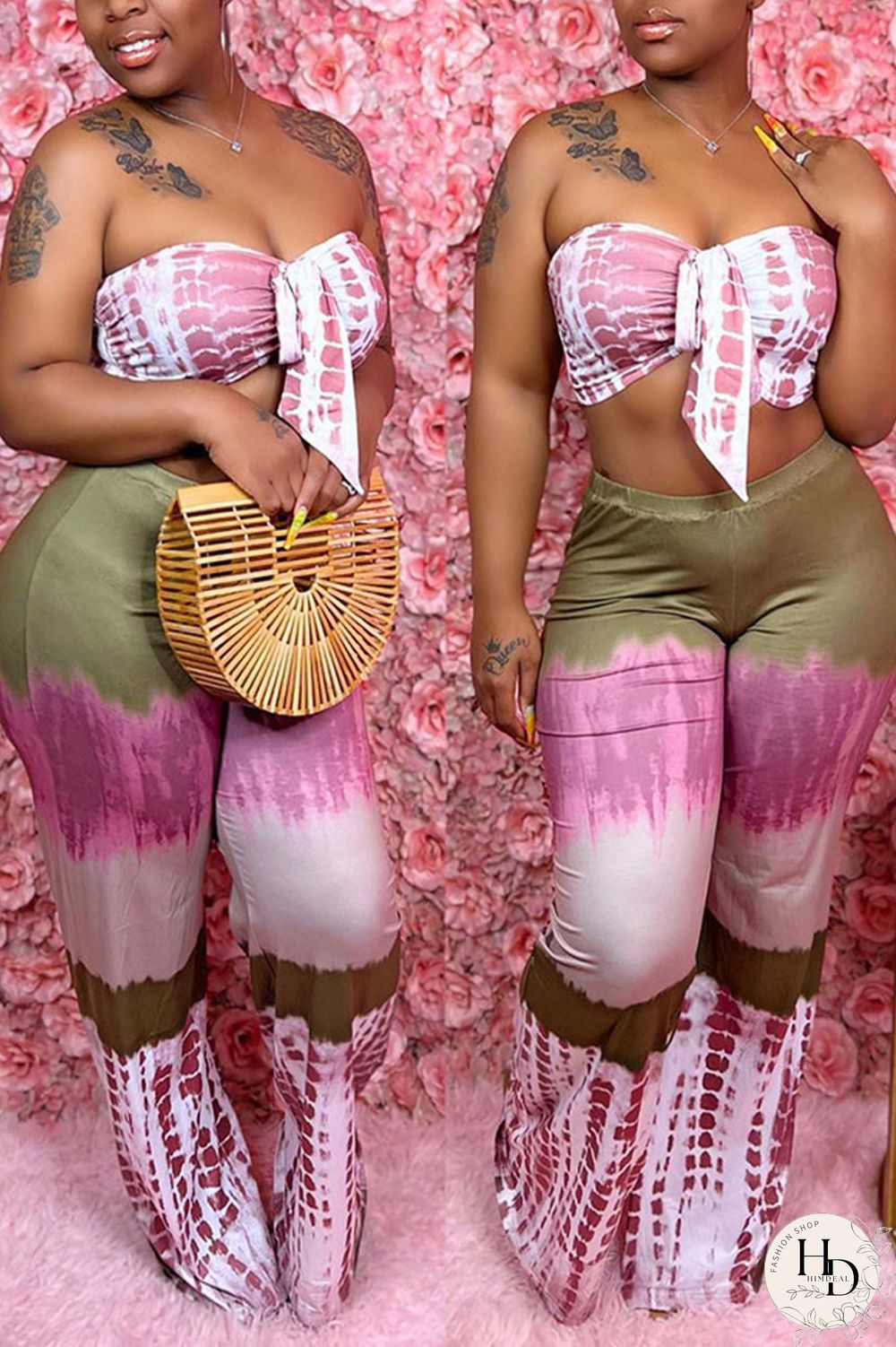 Pink Sexy Print Patchwork Strapless Plus Size Two Pieces