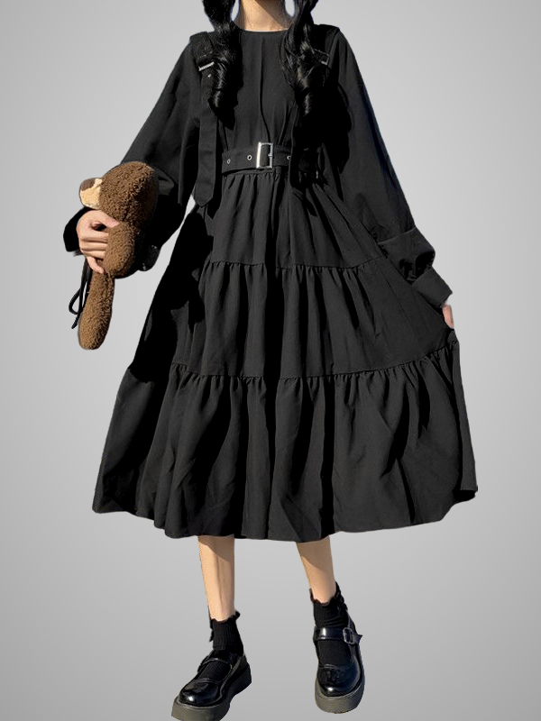 Sweet Cute Solid Black Tight Waist Shirred  Bell Sleeve A-line Dress