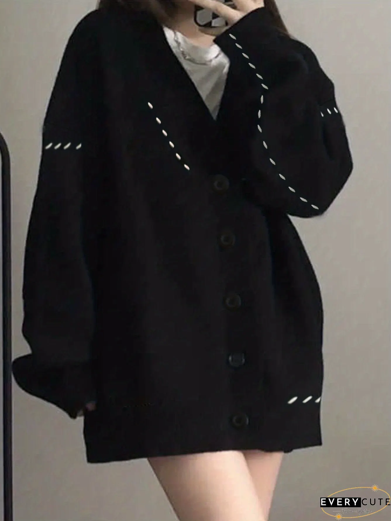 V Neck Button Knit Cardigan, Preppy Long Sleeve Drop Shoulder Sweater, Women's Clothing
