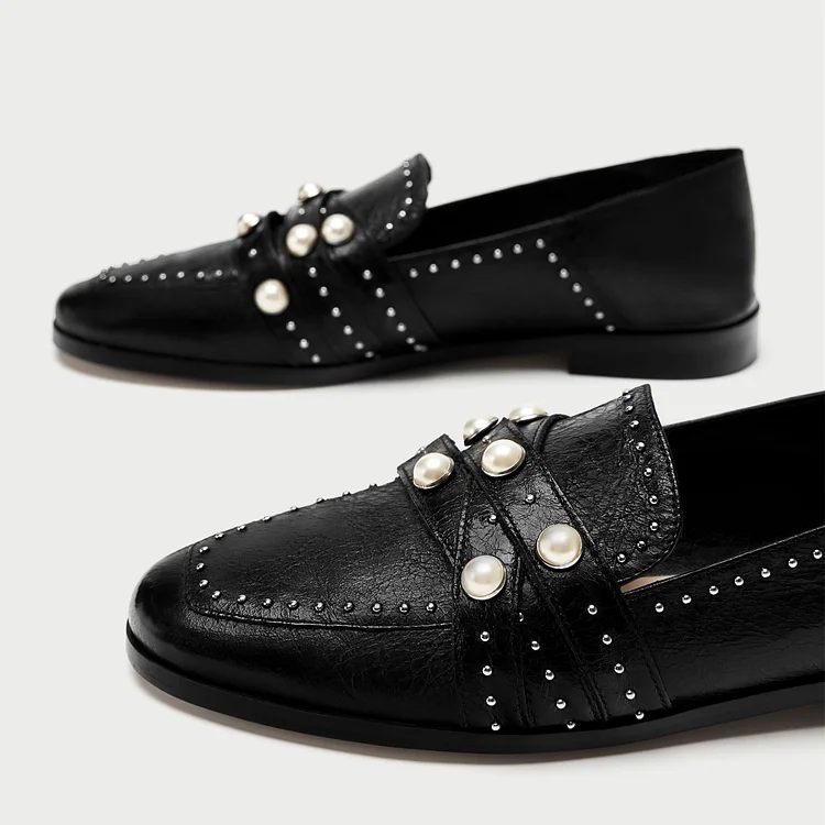 Black Loafers for Women Round Toe Flats with Pearl and Studs |FSJ Shoes