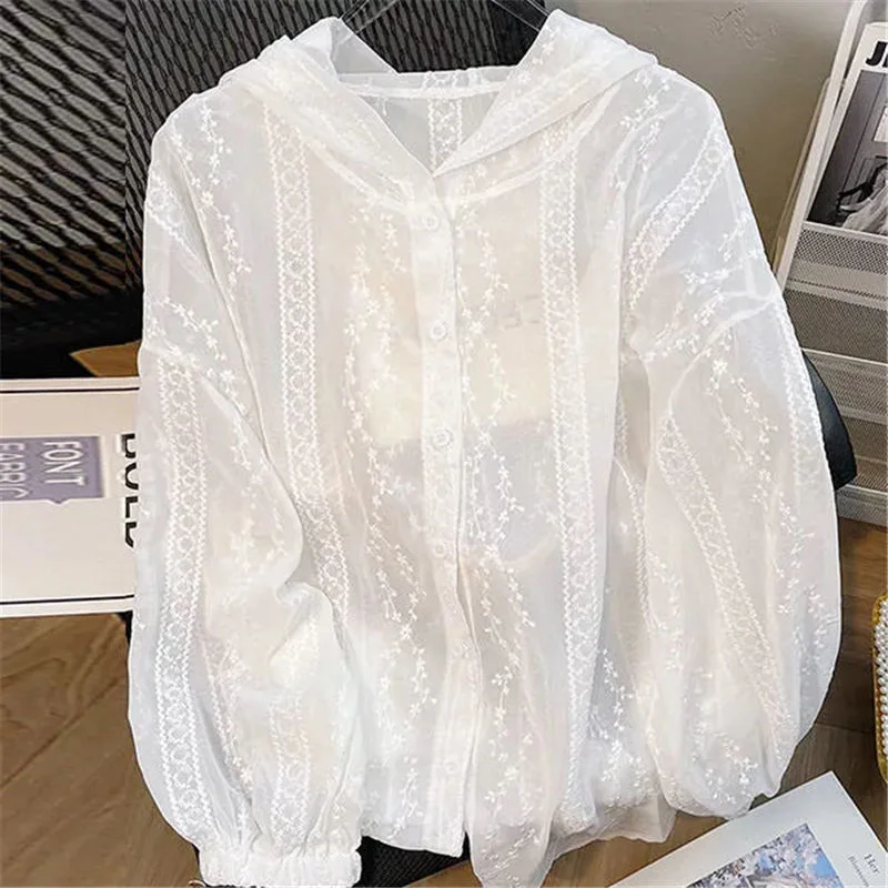 Nigikala White Blouse for Women See Throught Long Sleeve Hooded Korean Shirts Summer Korean Tops 2022 Blusas Mujer De Moda 7g088