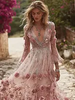 Vintage Boho Pink Roses Embroidered Flowy Maxi Dress