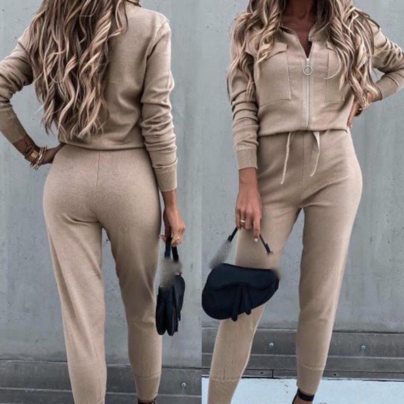 Women's 2 Piece Set Tracksuits Solid Zipper Lady Sports Suit Long Sleeve Elastic Waist Ankle-length Pants 2021 Spring Casual