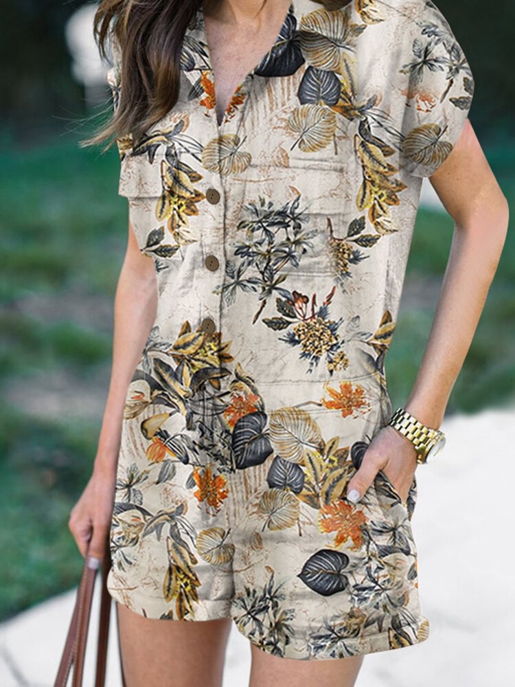 Flower Leaves Print Pocket Lapel Short Sleeve Romper