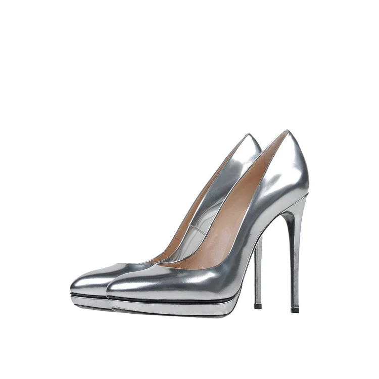 Silver Metallic Heels Office Shoes Stiletto Heels Platform Pumps |FSJ Shoes