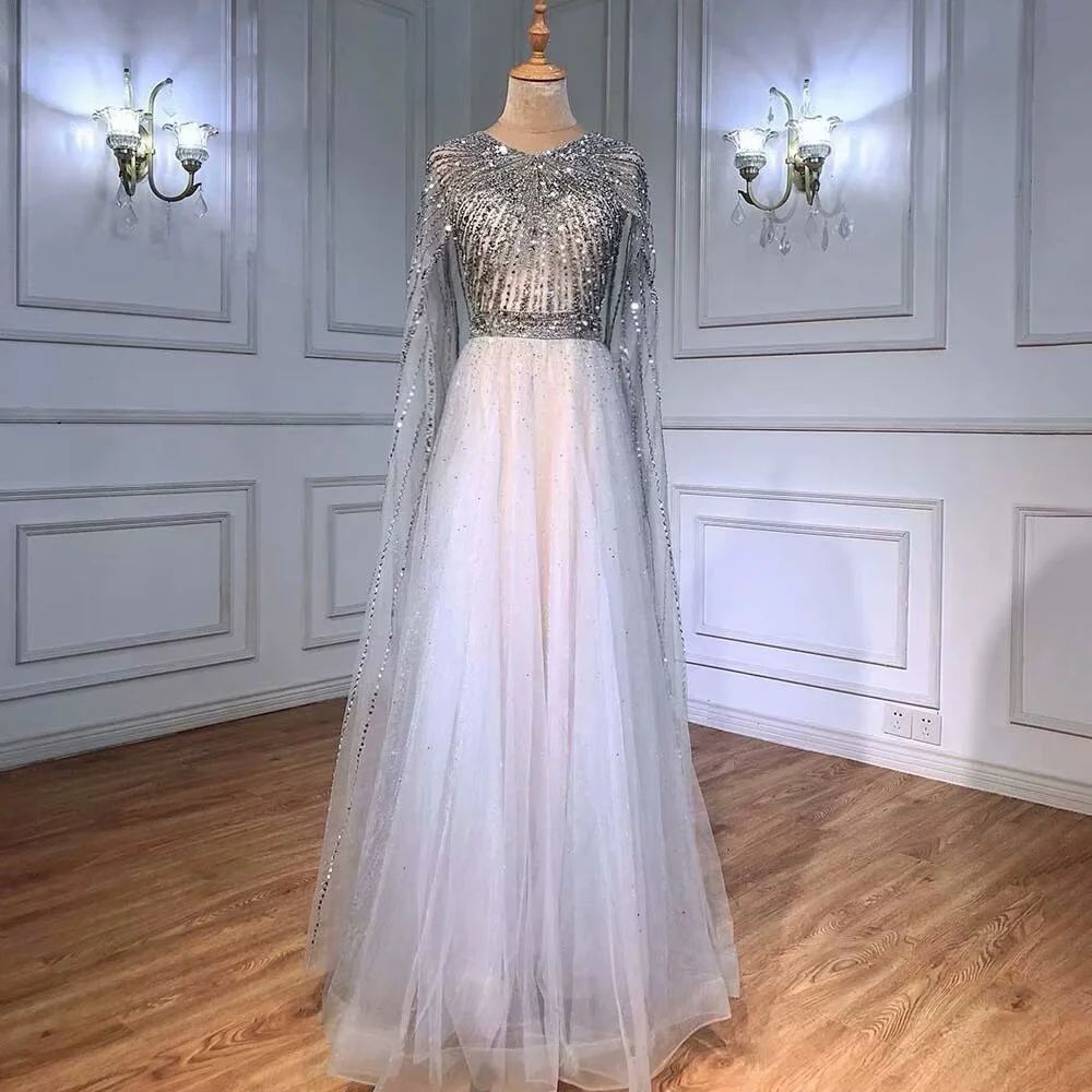 Okdais Long Sleeve Tulle Sequin Prom Dress Fluttering A Line Dress LM0046