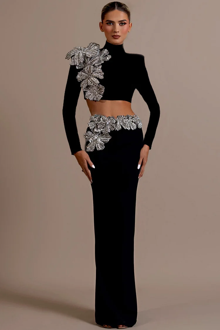 Rhinestone Floral Embellished Two Piece Skirt Set-Black