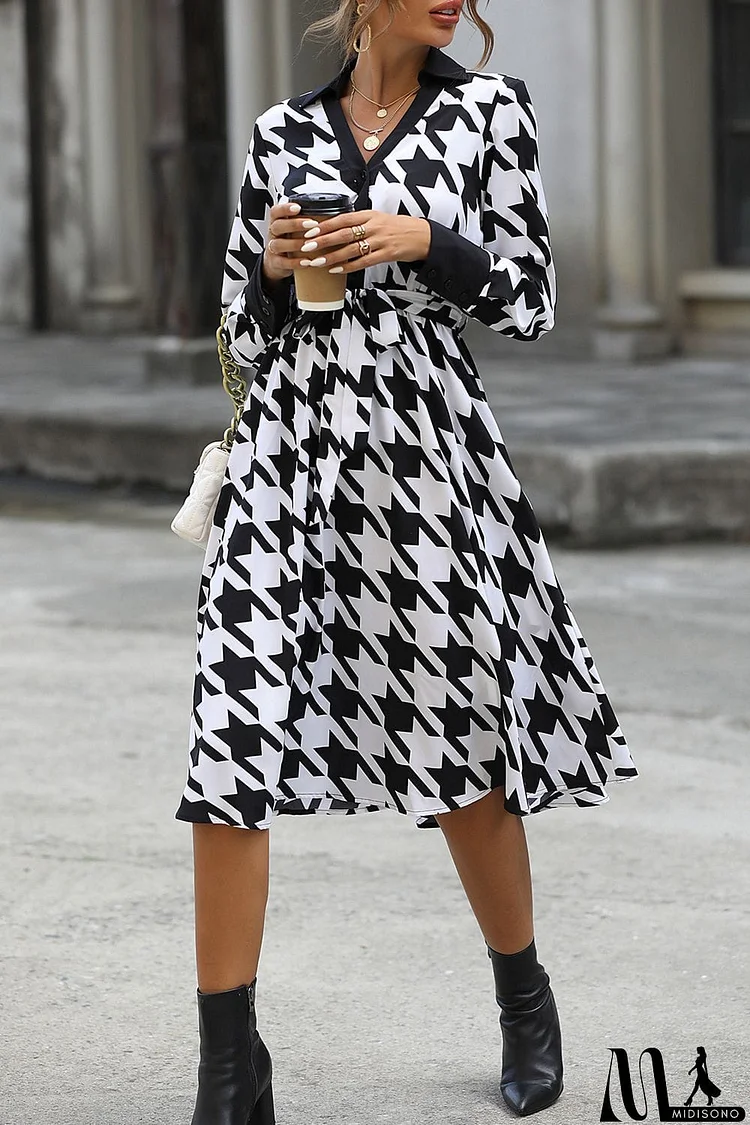 Houndstooth Johnny Collar Tie Waist Dress