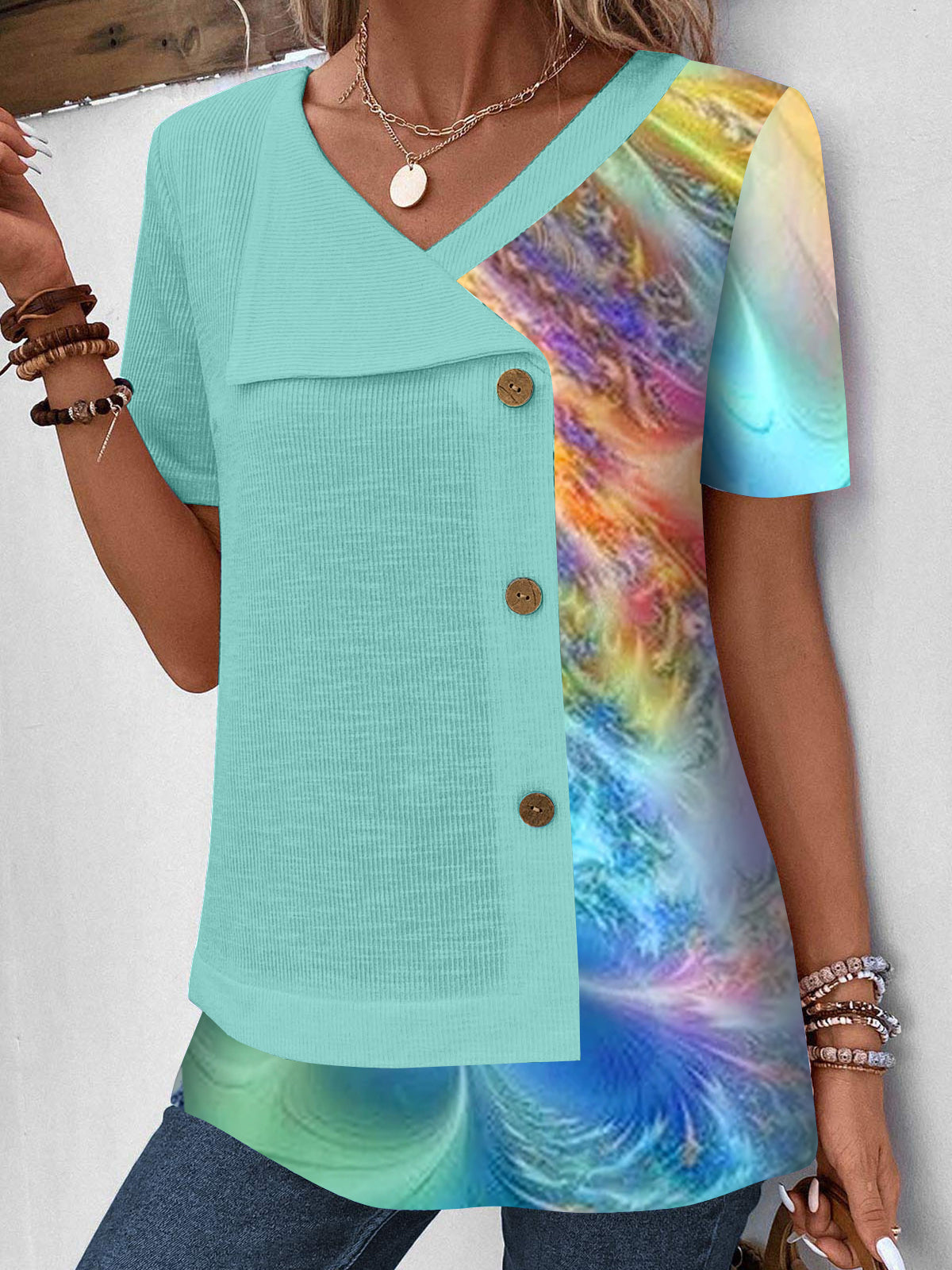 Women Half Sleeve V-neck Solid Color Dress