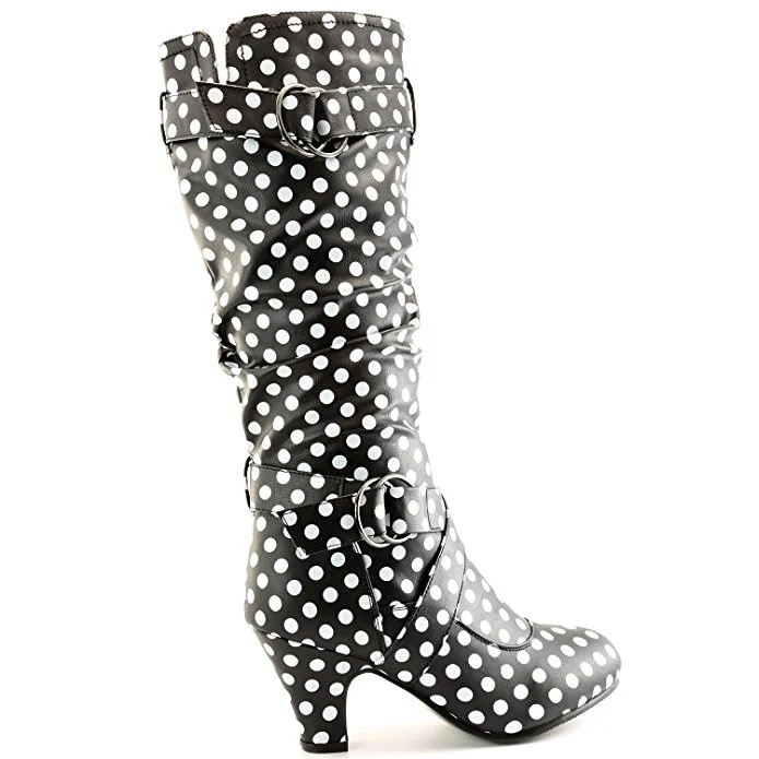 Vintage Style Boots Chunky Heel with Black and White Polka Dots Buckles Vdcoo