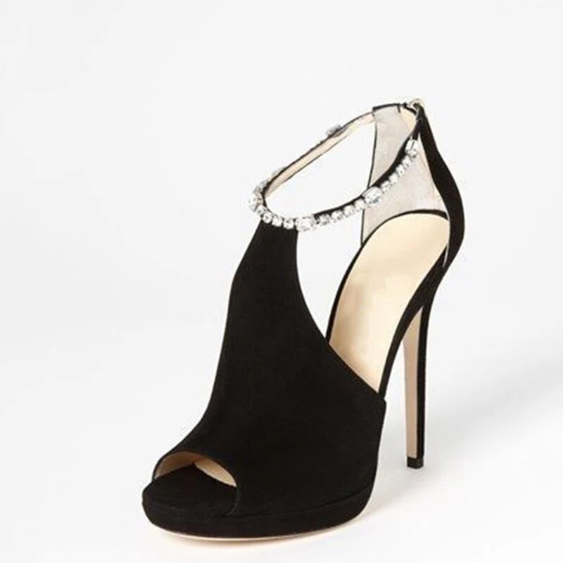 TAAFO Black Flock Crystal High Thin Heels Sandals Open Toe Female Shoes Classic Large Size 10 14 Ladies 