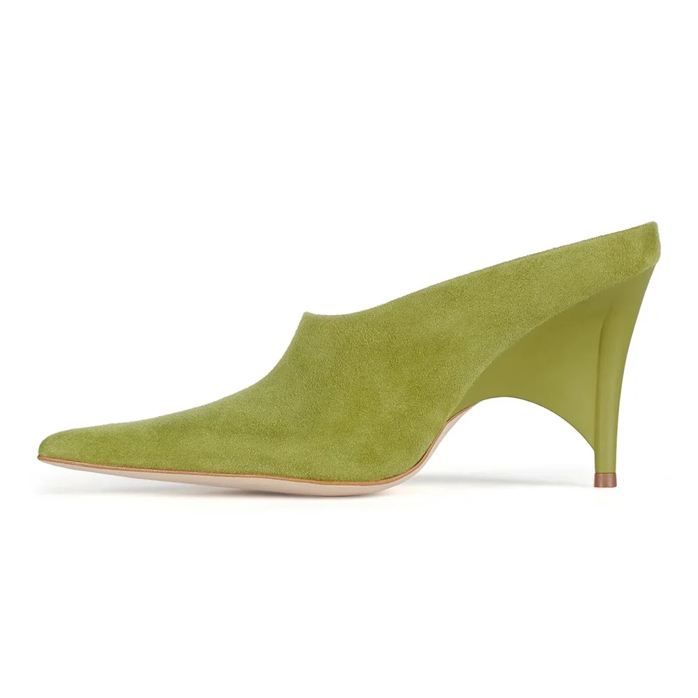 Olive Vegan Suede Slip-On Simple Mule Heels with Pointed Toe