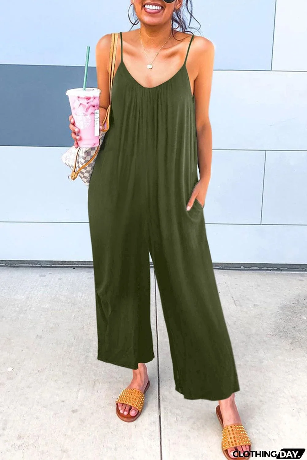 Spaghetti Straps Wide Leg Pocketed Jumpsuits