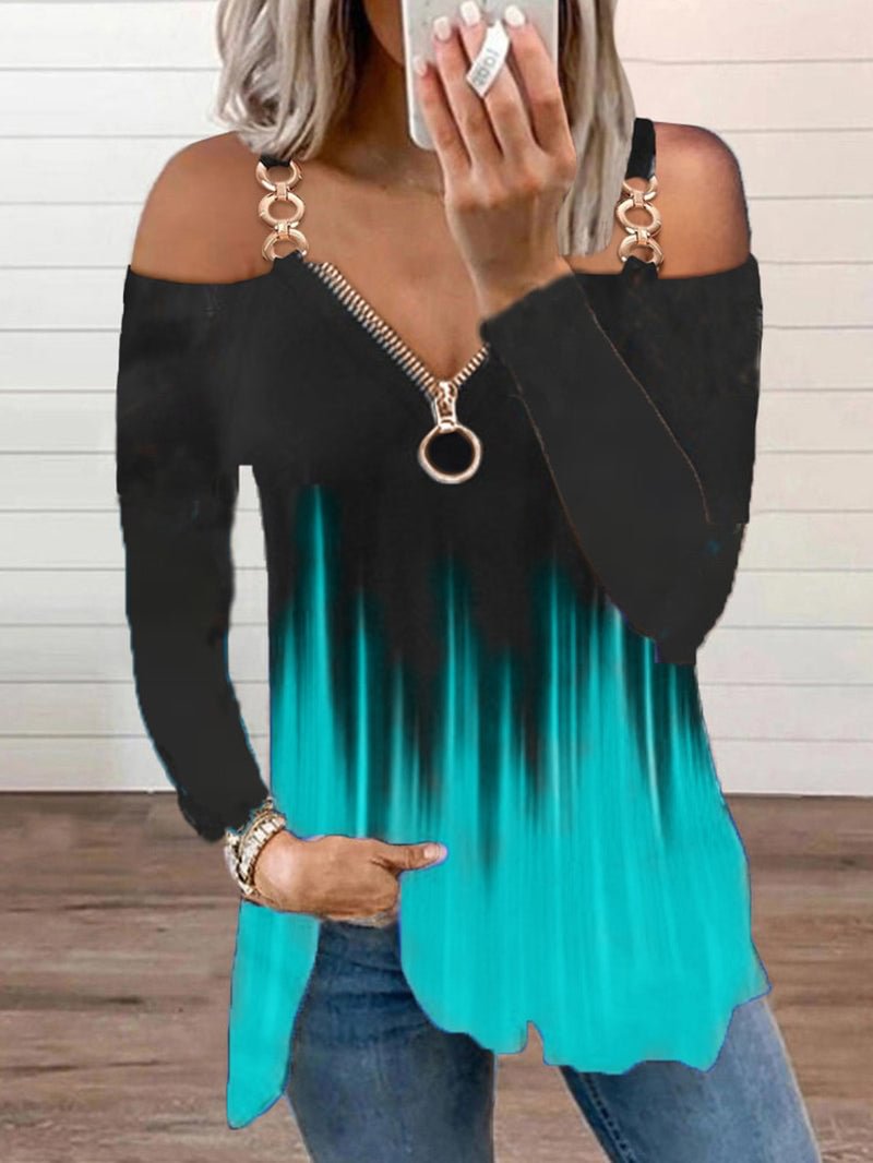 Gradient V-neck Zipper Cold Shoulder Tee