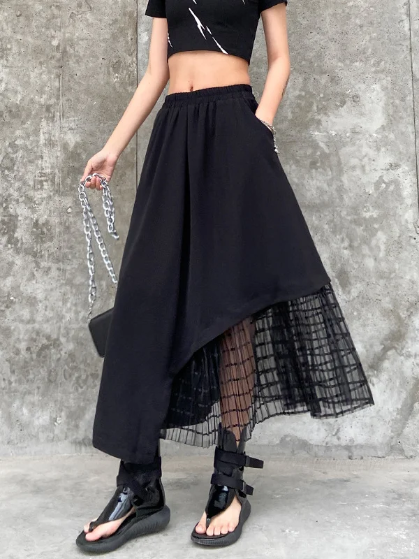 Urban Hollow Irregular Black Mesh Split-Joint Skirts