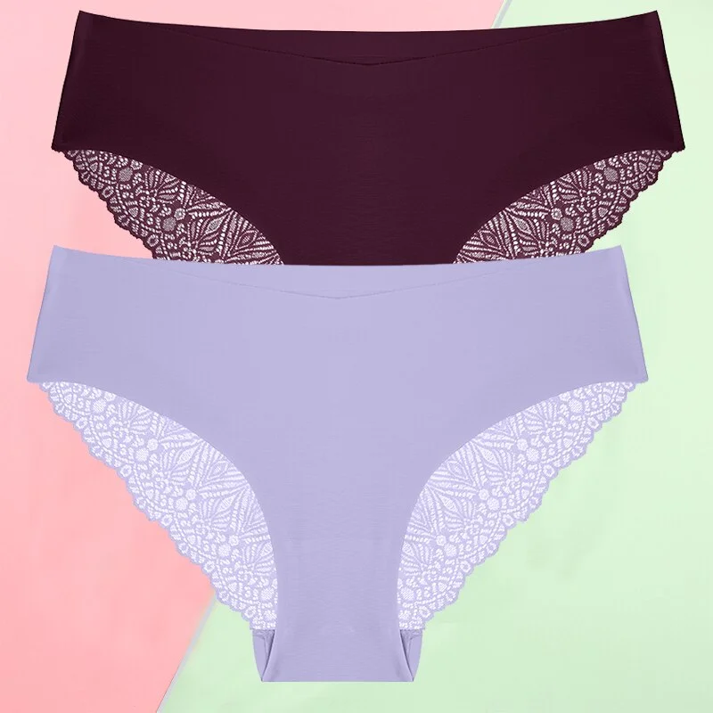 FINETOO 2PCS/Set S-XL Sexy Women Seamless Lace Pantys 6 Solid Colors Breathable Panties Lace Underwear For Girls Thong Lingerie