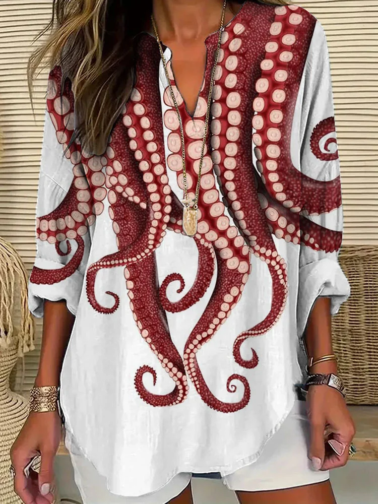 VChics Women's Casual Japanese Art Ocean Octopus Print T-shirt