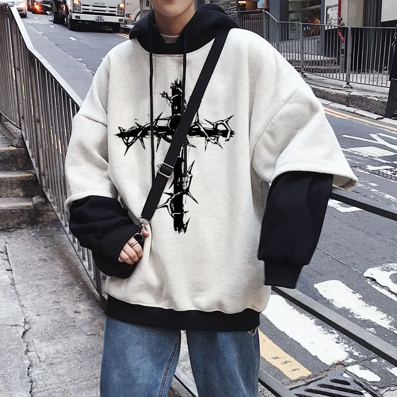 Hooded plus size sweatshirt men's Hong Kong style all-match loose Korean trend hoodies autumn winter preppy fake two streetwear