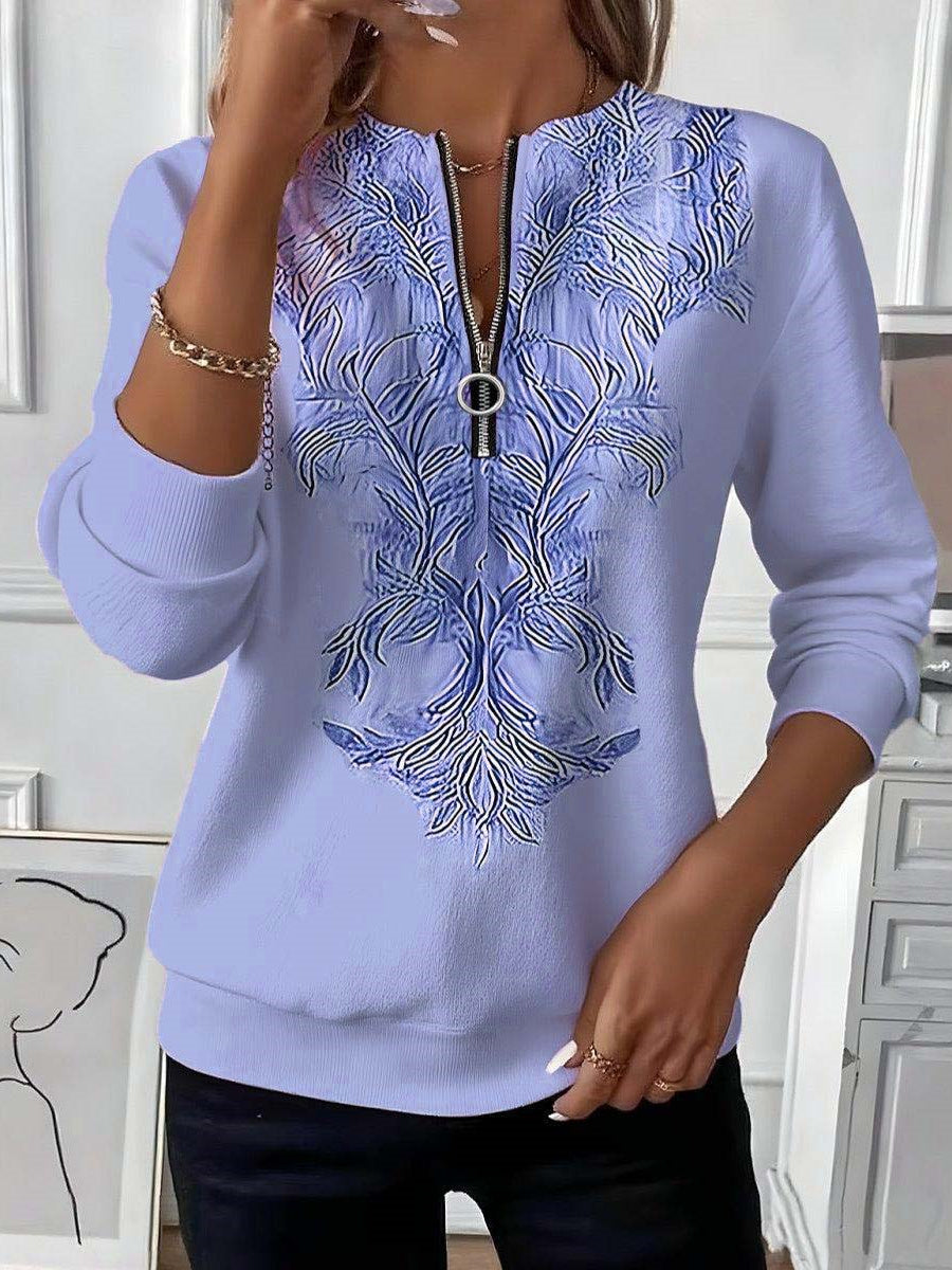 Women Long Sleeve Scoop Neck Floral Printed Graphic Zipper Tops