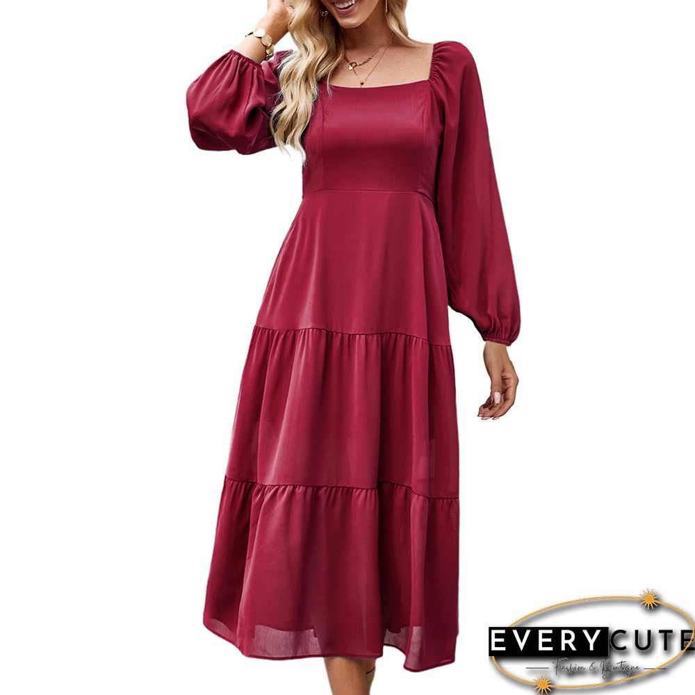 Burgundy Solid Square Neck Pocket Long Sleeve Dress