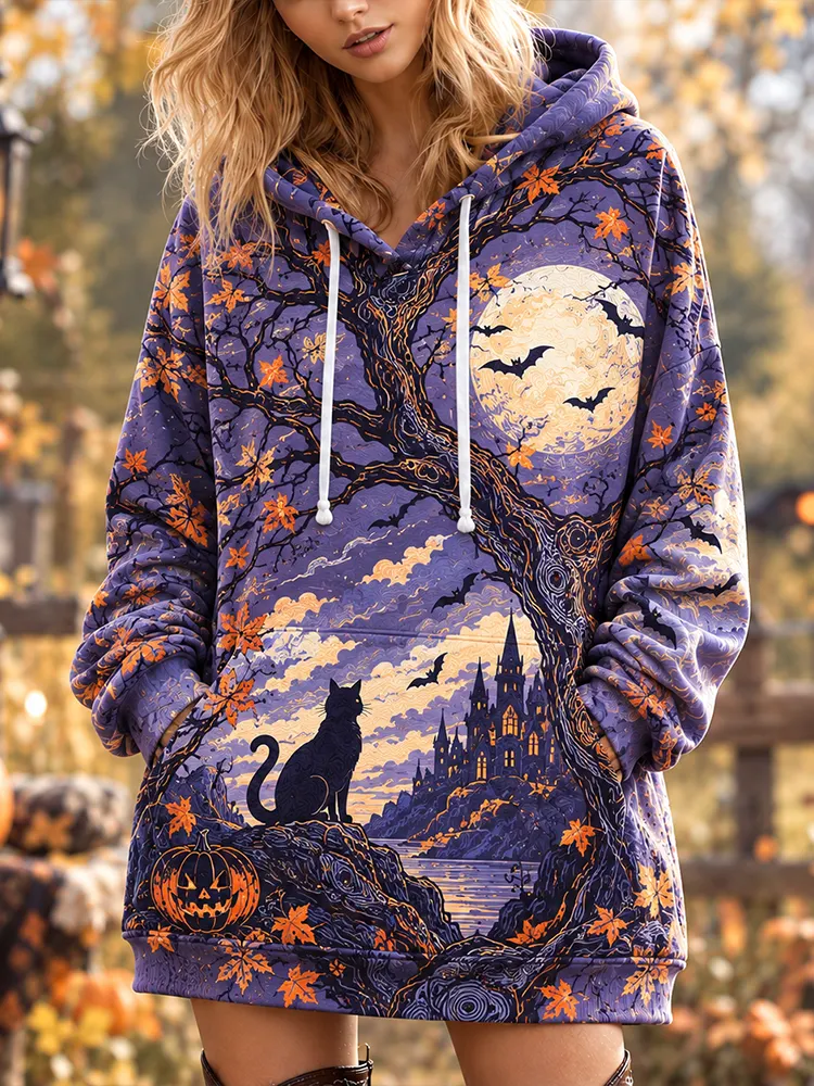 Comstylish Women's Purple Halloween Castle, Black Cat And Moon Print Hooded Sweatshirt Dress