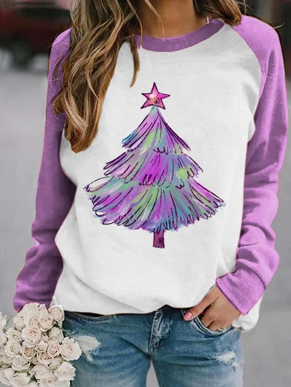 Women's Shiny Purple Christmas Tree Print Casual Sweatshirt