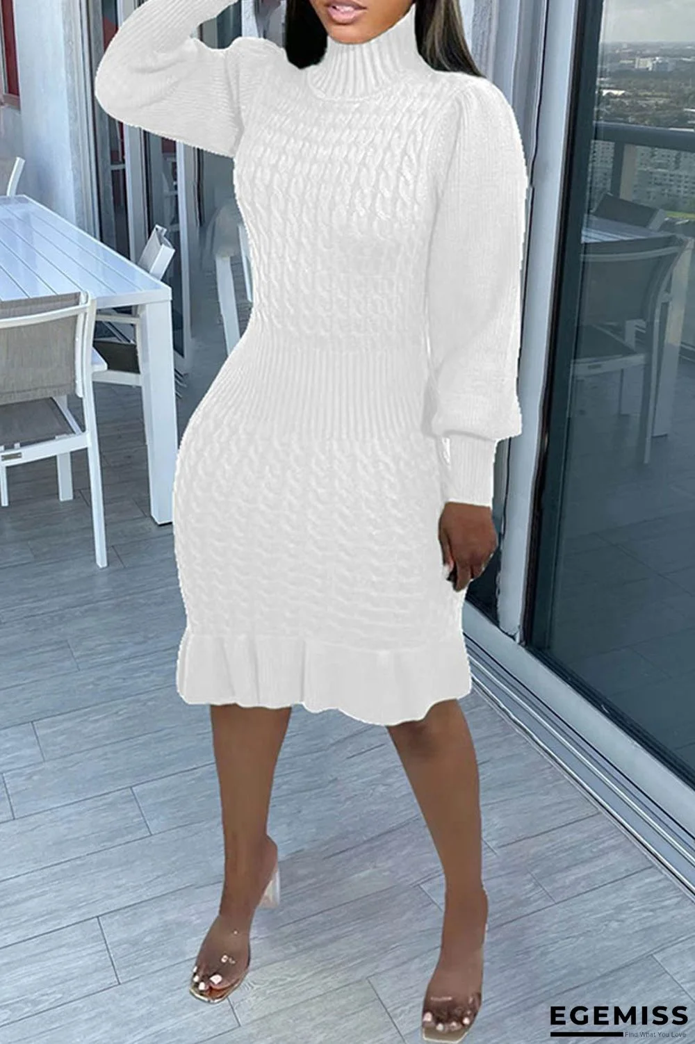 White Casual Solid Basic Turtleneck Long Sleeve Dresses | EGEMISS