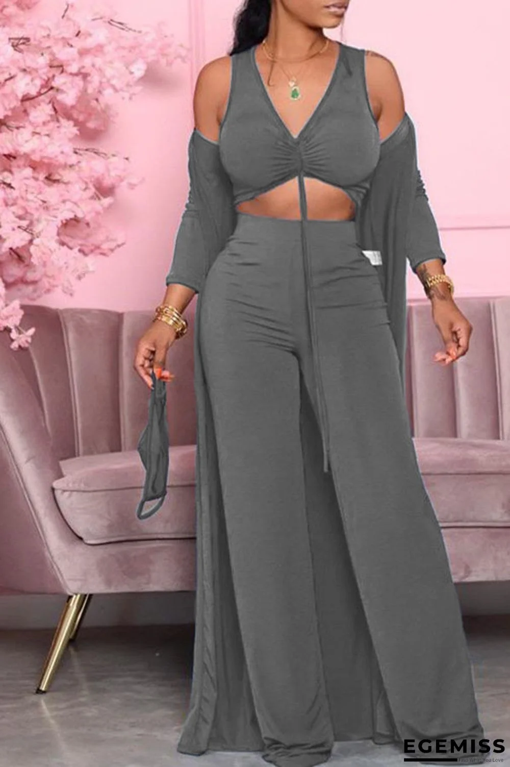 Grey Casual Solid Fold Long Sleeve Two Pieces | EGEMISS
