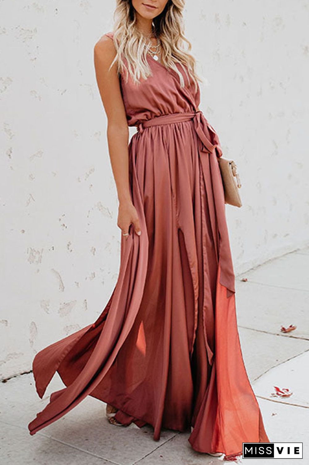 Fashion Street Solid Slit V Neck Waist Skirt Dresses