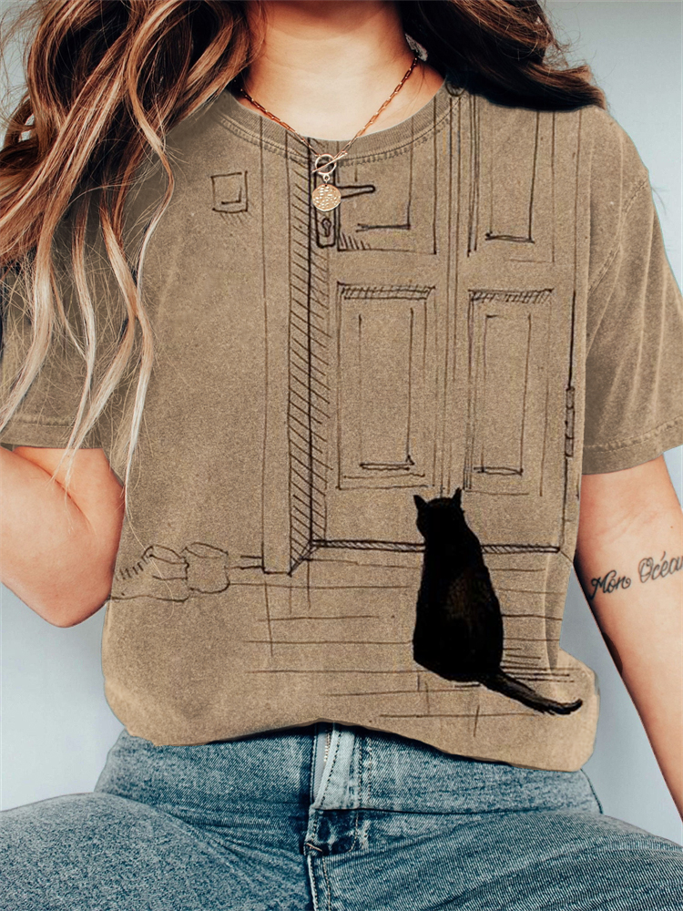 Comstylish Black Cat Waiting Art Vintage T Shirt