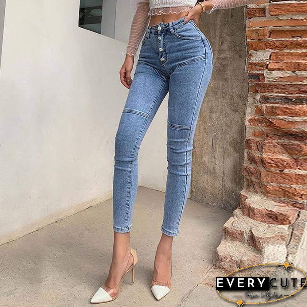 Spring Summer New Jeans Womens High Waist Stretch Hip Slim Fit Skinny Feet Nine Points