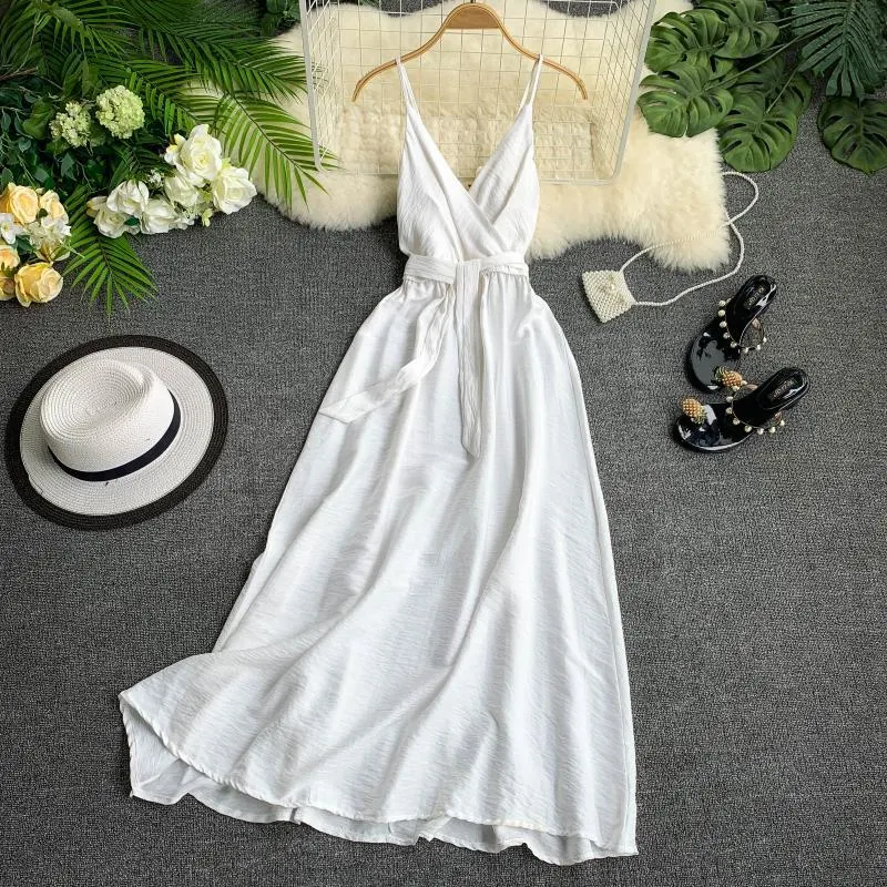 Fitaylor 2021 Women Dress Summer Sexy V Neck Sashes Dress Red White Black Sleeveless Spaghetti Strap Beach Dress Vestido