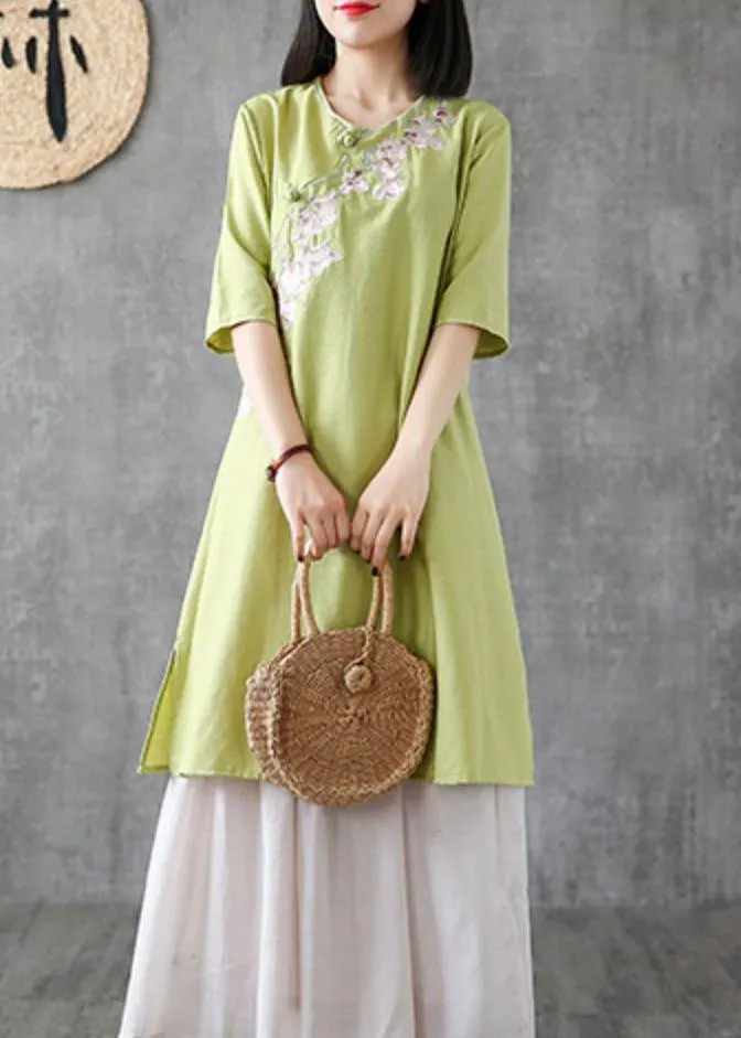 Women embroidery Chinese Button linen Catwalk green Dress