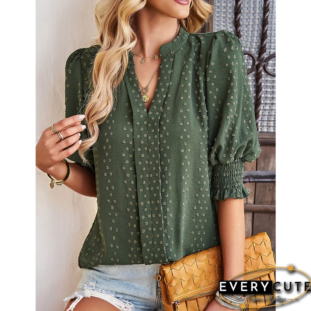 Green V Neck Jacquard Half Sleeve Blouse