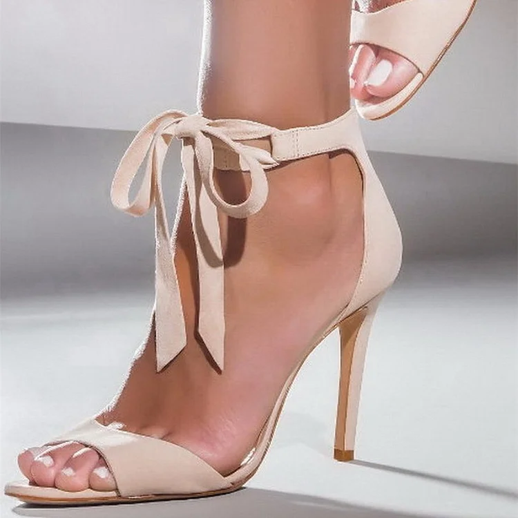 Nude Lace up Heels Open Toe Stiletto Heel Vegan Suede Sandals |FSJ Shoes