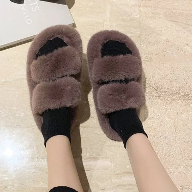 Winter Women Slippers Faux Fur Home Cozy Furry Slides Comfortable Open Toe Designer Fluffy Black Plush Warm House Women Shoes