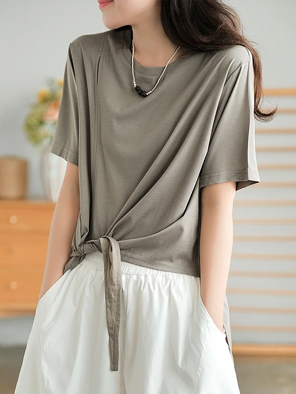Minimalist Asymmetric Split-Joint Pure Color Round-Neck T-Shirt
