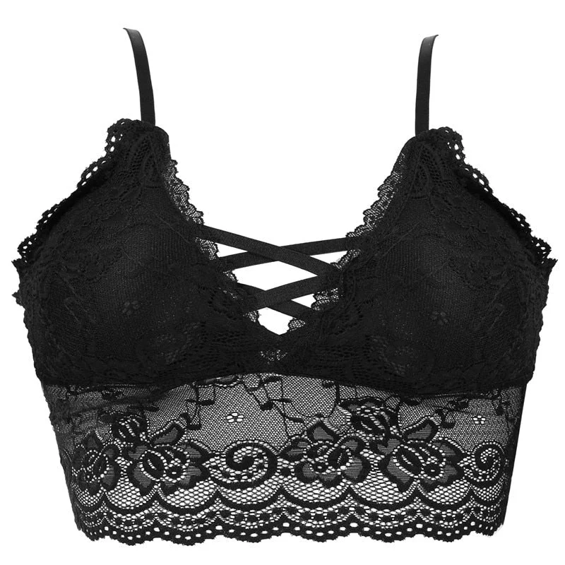 FINETOO Sexy Bralette Padded Bras For Women Transparent Wireless Bra Lace Intimates Lace Bralette Backless Brassiere Crop Tops
