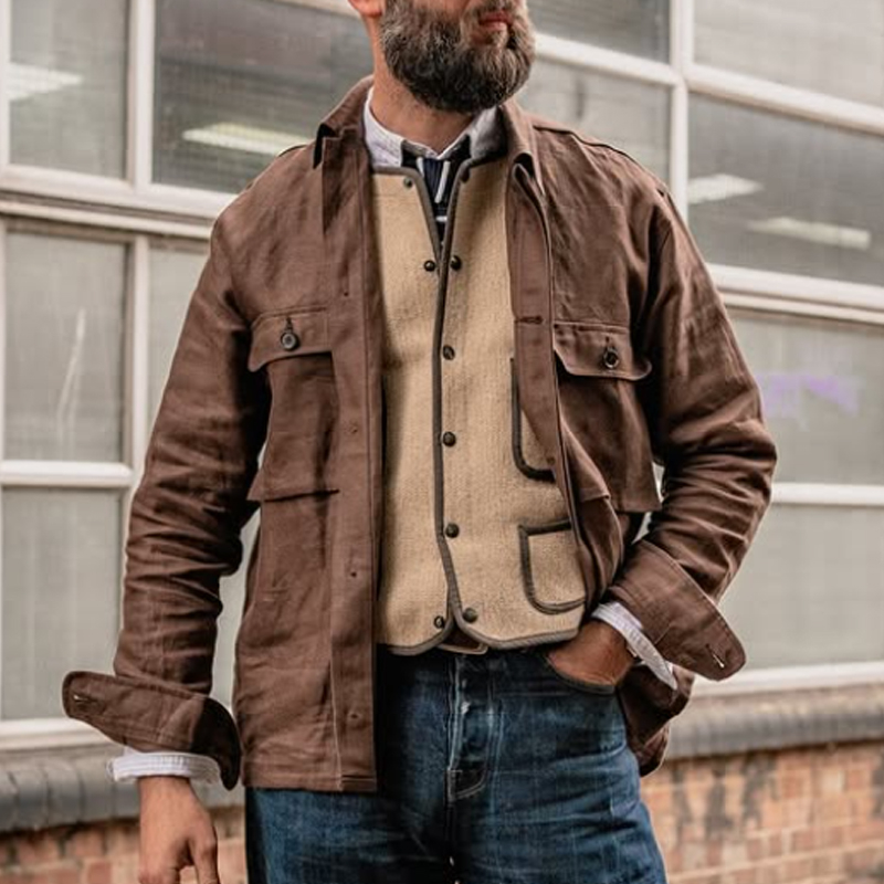 Men's Brown Cotton and Linen Single Breasted Jacket