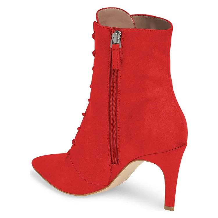 Red Lace up Boots Elegant Pointed Toe Ankle Booties with Zipper |FSJ Shoes