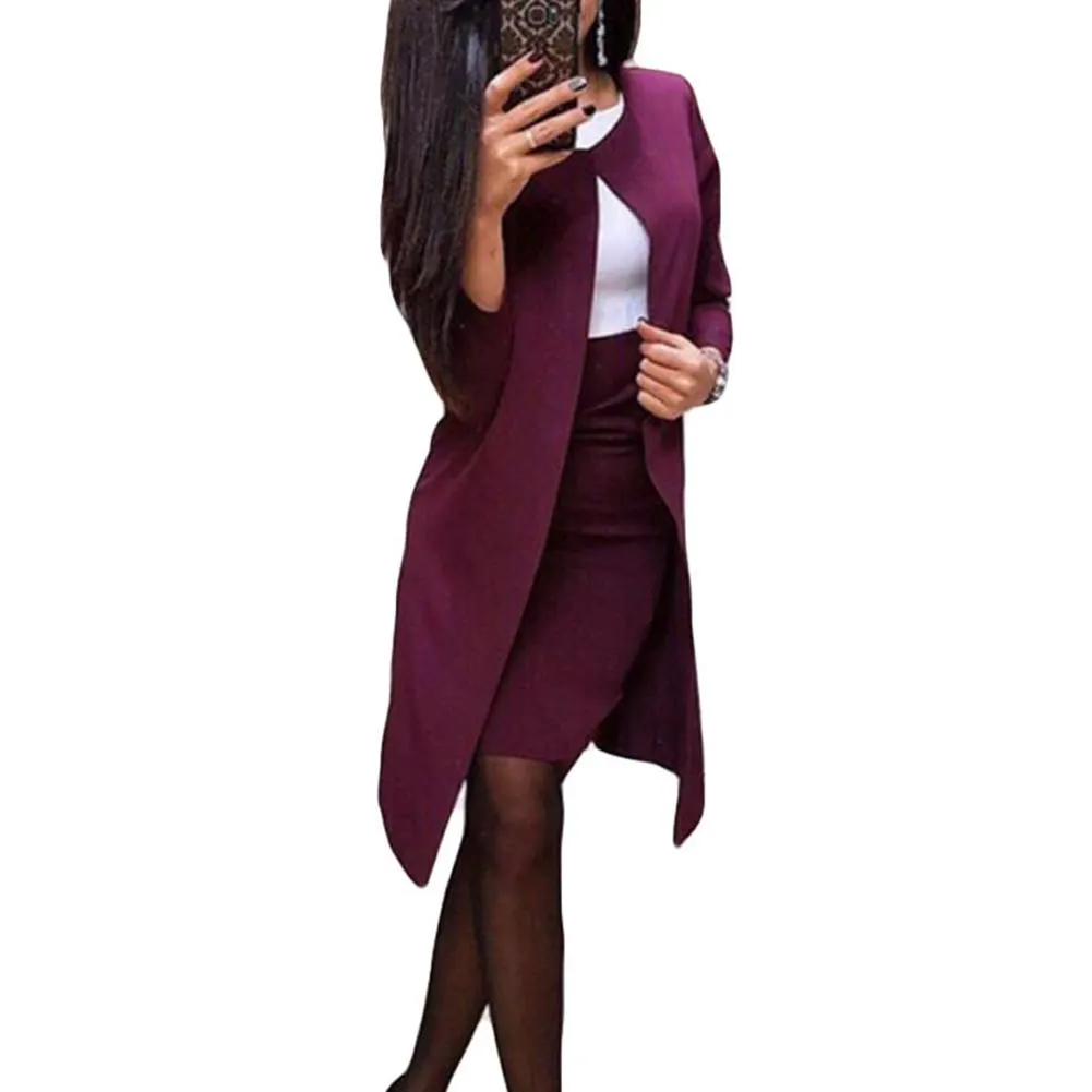 2Pcs Office Lady Autumn Solid Color Long Blazer Jacket Bodycon Mini Skirt Suit Perfect for office business formal perfect gifts