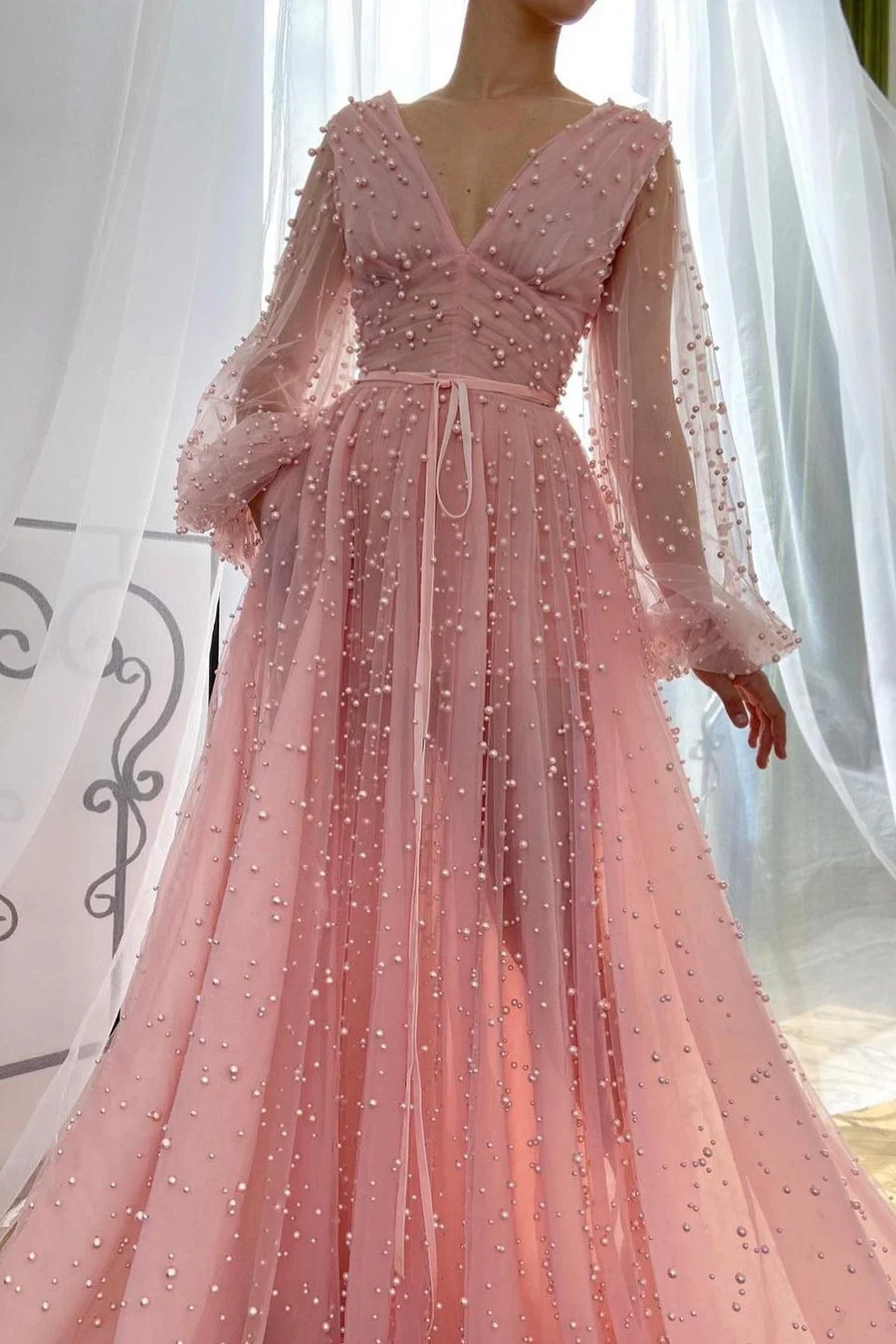Daisda Pink Plunging Neck Long Puffy Sleeves Evening Dress With Pearl Beaded Tulle 