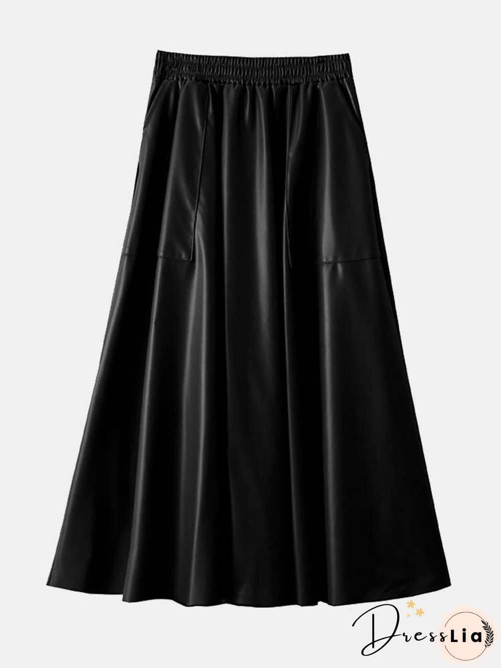 Solid A-line Pocket PU Leather Elastic Waist Skirt