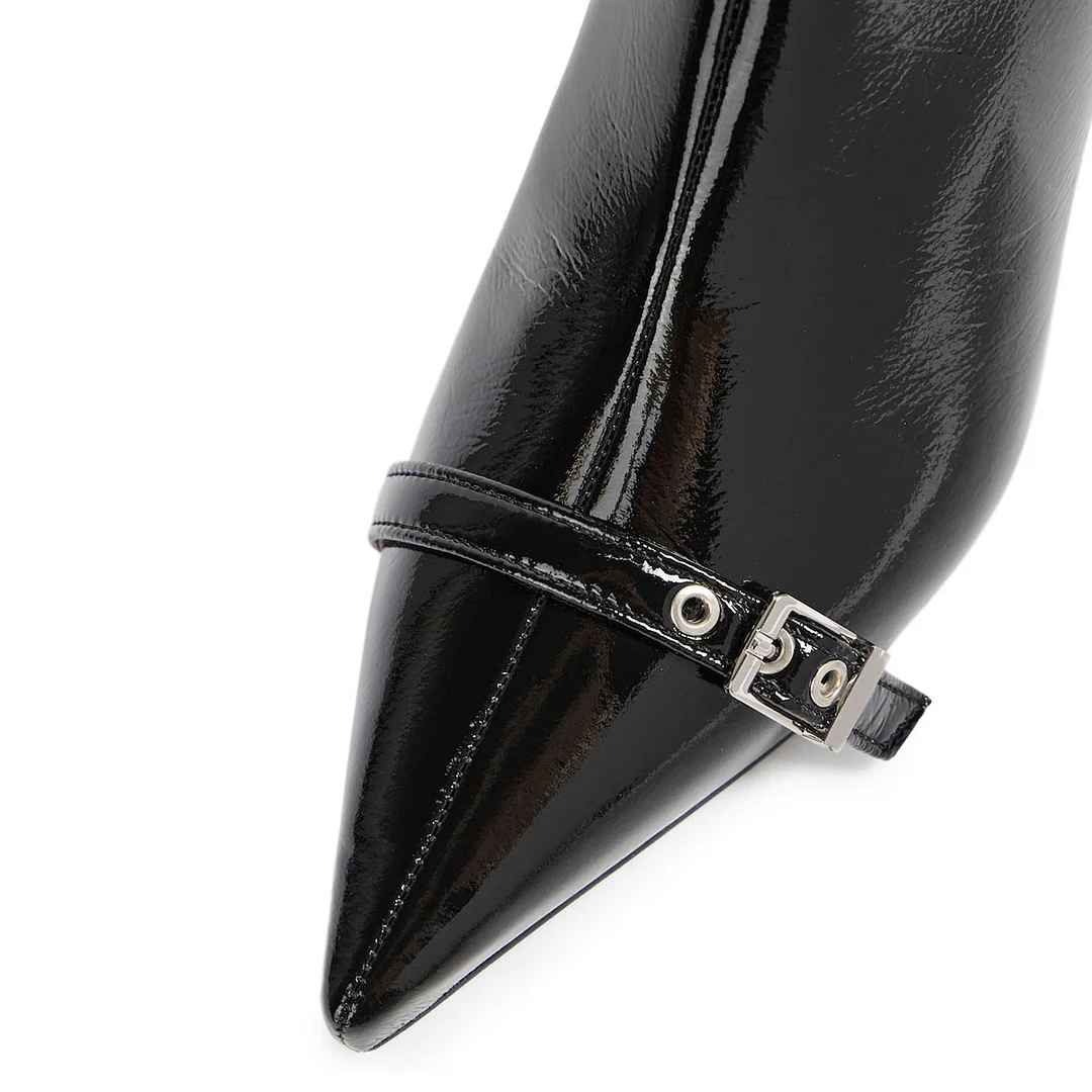Black Buckle Strap Pointed Toe Flared Heel Ankle Boots with Zipper