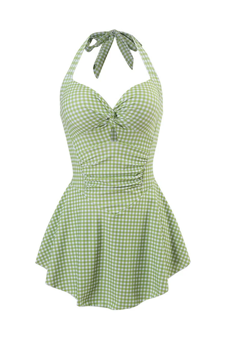 1950s Green Casual Halter Sweetheart Neck Cut Out Back Tie-back Lace Up One-piece Swimsuit
