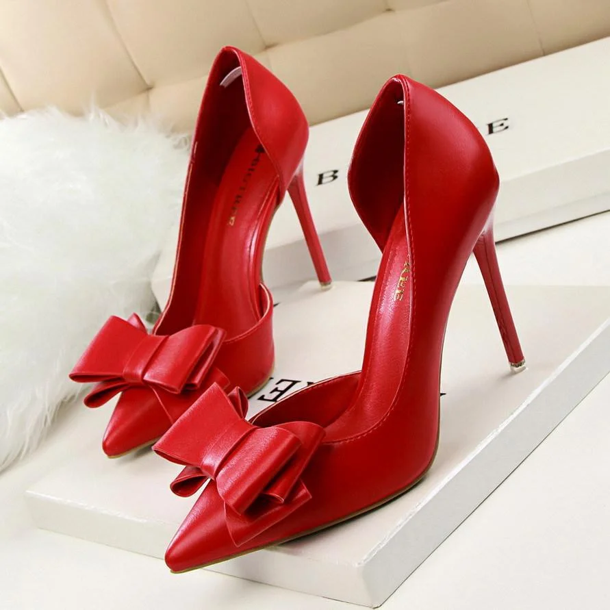 Fashionable bow-knot high-heeled stiletto shoes with shallow mouth and side cutout shoes